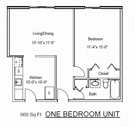 Floor plan for 1 bed, 1 bath, 570 sqft